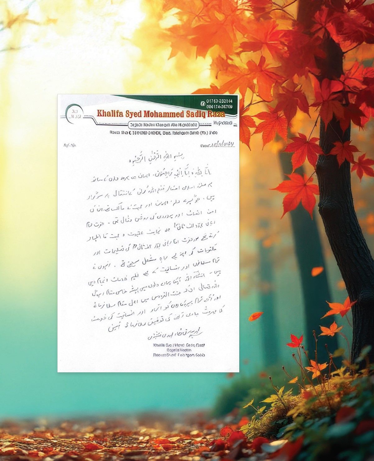 Khalif Syed Mohammed Sadiq Raza's Condolence Message